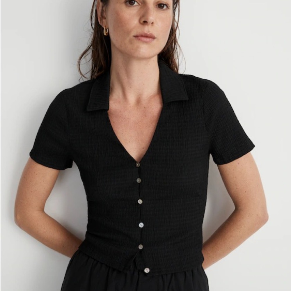 Crinkled Y-neck button-down shirt | SM | Madewell